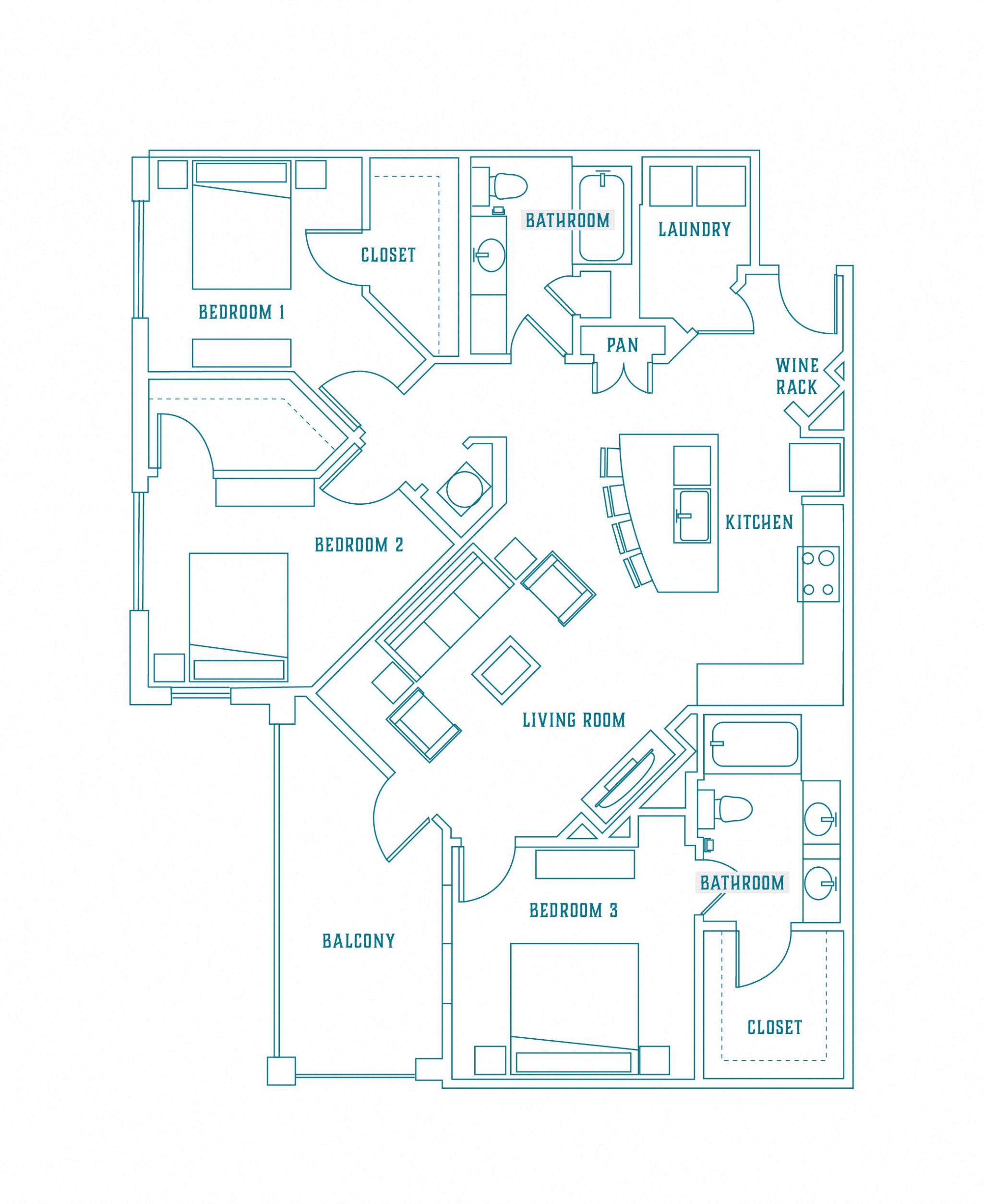 Floor plan for 3 beds, 2 baths, 1549 sqft